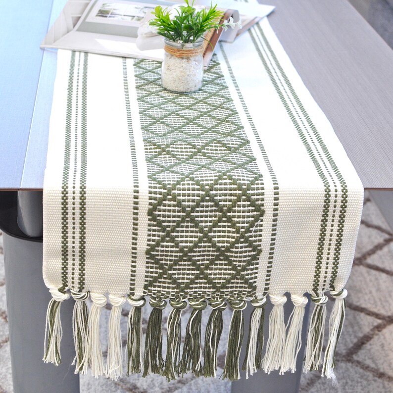 Dining Table Runner Olive Green & Cream White Cotton Woven Coffee Table Runner Washable Farmhouse Boho Dresser Scarf Console Table Cover image 8