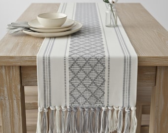 Woven Dining Table Runner Gray & Off White Dresser Scarf Console Boho Coffee Table Runner Elegant Farmhouse Style Tablescape Decor