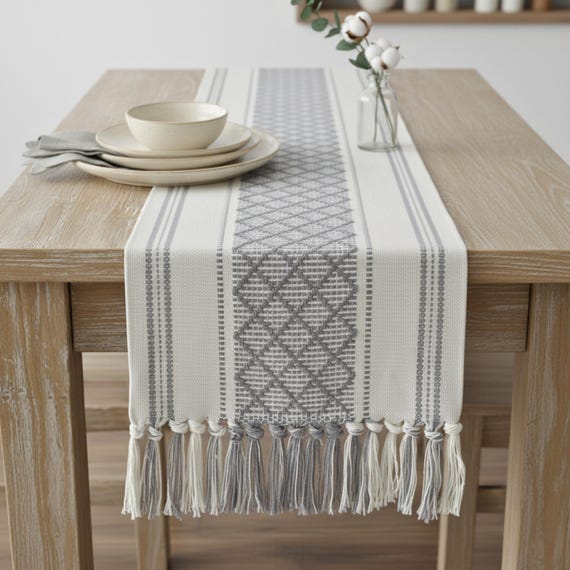 dresser runner boho Black Linen Blend Medallion Table Runner