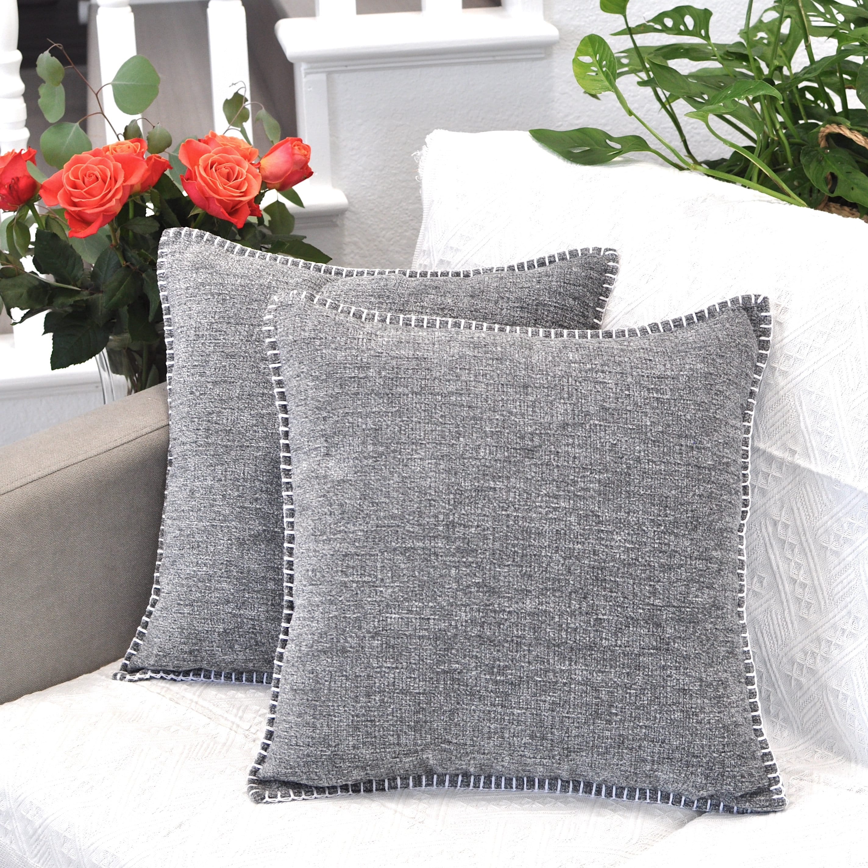 Farmhouse Textured Small Lumbar Chair Pillow Covers with Stitched Edges 12  x 20 inch Heather Dark Grey Set of 2/ Velvet Soft Chenille Cushion Covers