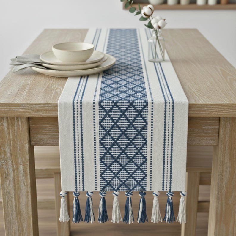Dining Table Runner Olive Green & Cream White Cotton Woven Coffee Table Runner Washable Farmhouse Boho Dresser Scarf Console Table Cover image 13