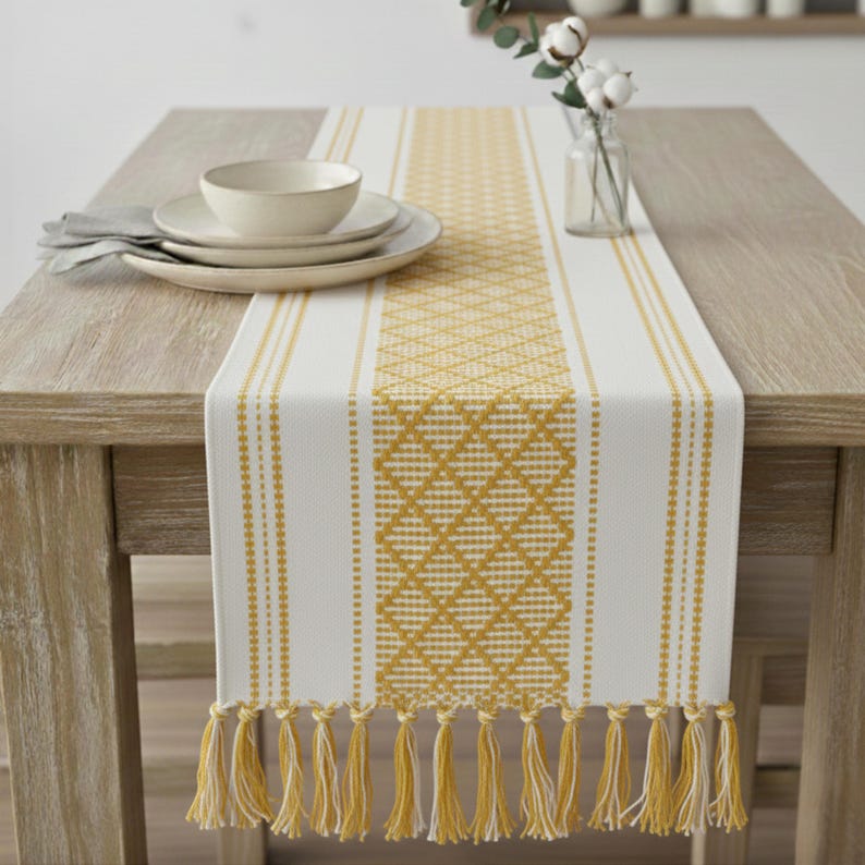 Dining Table Runner Olive Green & Cream White Cotton Woven Coffee Table Runner Washable Farmhouse Boho Dresser Scarf Console Table Cover Yellow