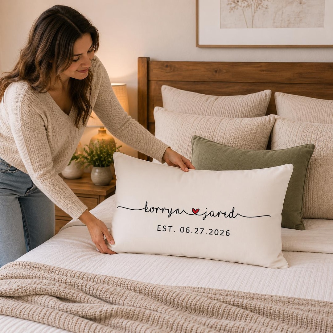 Personalized Couple Gift Pillow With Names Wedding Date Custom Bridal Shower Gift Est Year Engagement Anniversary Present for Bride - 12"x20"-Cover+Insert, With Red Heart 1