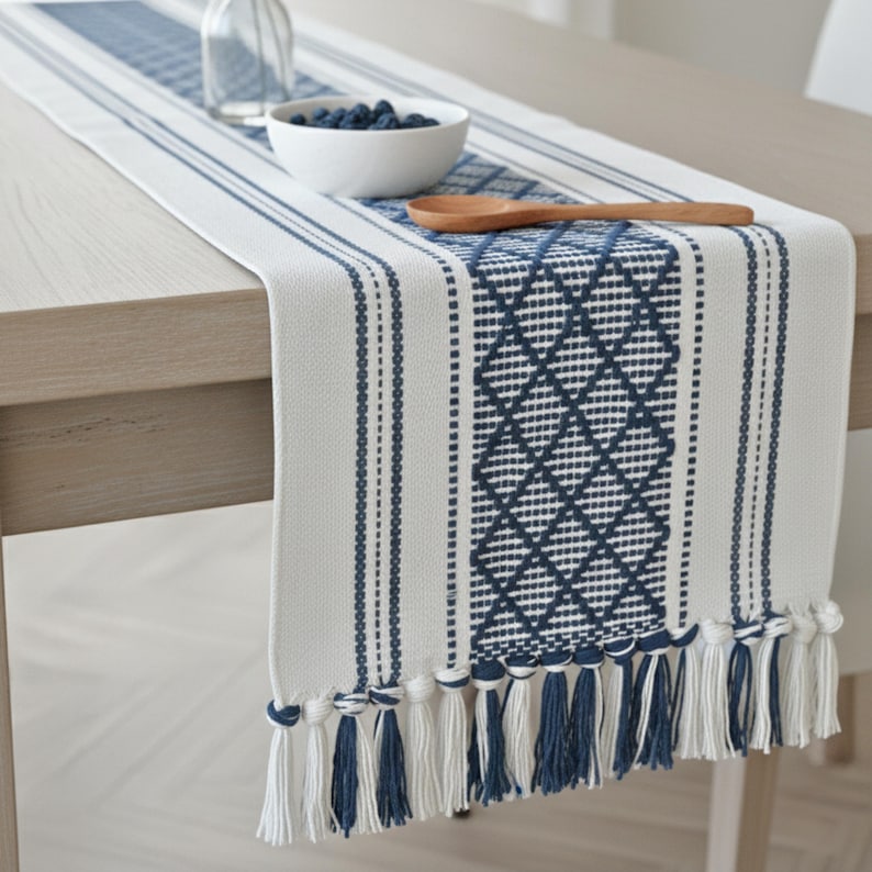 Dining Table Runner Olive Green & Cream White Cotton Woven Coffee Table Runner Washable Farmhouse Boho Dresser Scarf Console Table Cover Blue