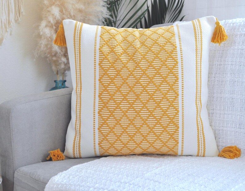 Woven Pillow Covers with Tassels Cotton Cushion Covers Decorative Designer PillowCase Modern Boho Home Decor Trendy Checkered Plaid Pattern Mustard Yellow