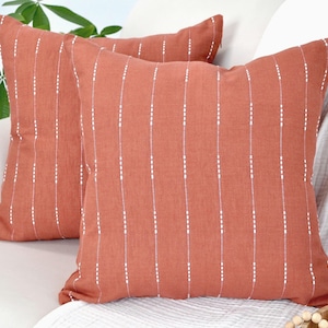 Cotton Pillow Covers Rust Brown / Burnt Orange Woven Striped Pattern Minimalist Chic Modern Pillow Cases Cushion Covers 18x18 20x20 Set of 2