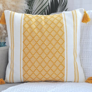 Boho Pillow Cover with Tassels, Color: Cream/Mustard Yellow | Decorative PillowCase | Cotton Woven Designer Cushion Cover For Fall Decor