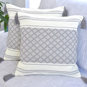 May include: Two decorative throw pillows with a white background and gray diamond pattern. The pillows have gray tassels on each corner.