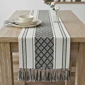 Dining Table Runner Olive Green & Cream White Cotton Woven Coffee Table Runner Washable Farmhouse Boho Dresser Scarf Console Table Cover image 17