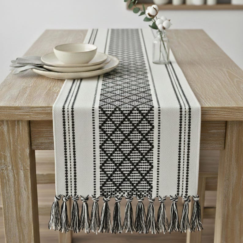 Dining Table Runner Olive Green & Cream White Cotton Woven Coffee Table Runner Washable Farmhouse Boho Dresser Scarf Console Table Cover image 17