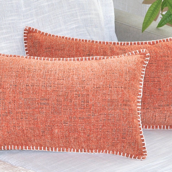 Soft Textured Lumbar Pillow Cover 12x20 inches, Heather Orange / Fall Decor Chenille Cushion Cover / Decorative Farmhouse Chair Pillow case