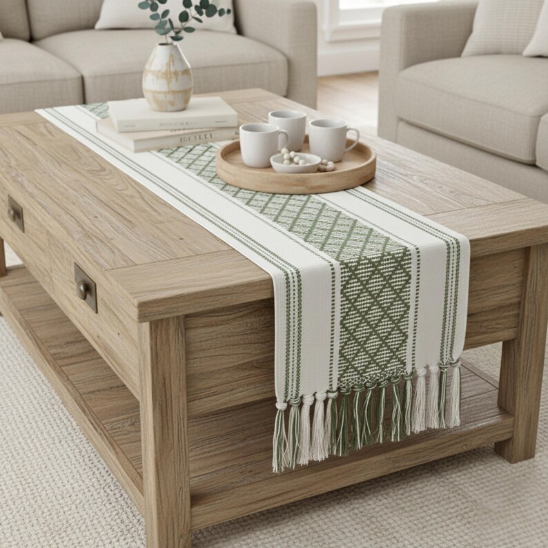 Dining Table Runner Olive Green & Cream White Cotton Woven Coffee Table Runner Washable Farmhouse Boho Dresser Scarf Console Table Cover image 5