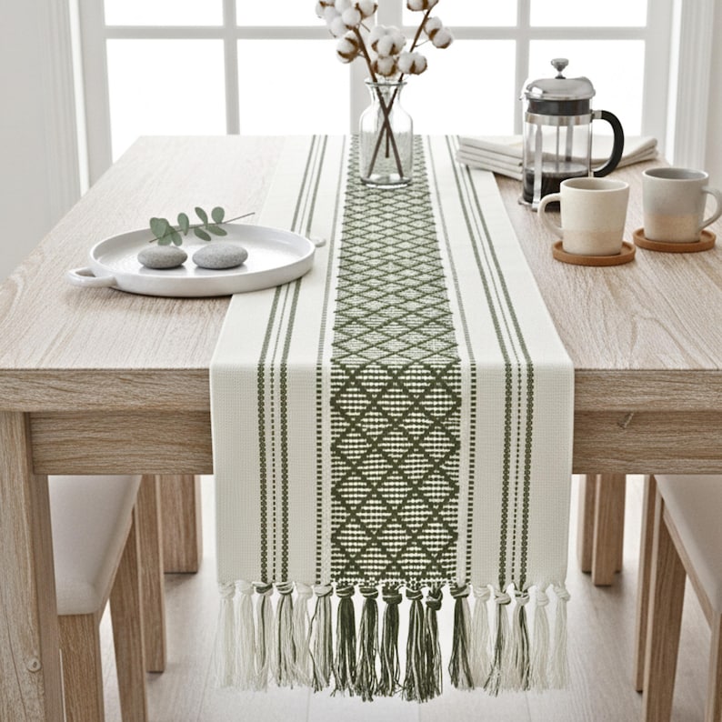Dining Table Runner Olive Green & Cream White Cotton Woven Coffee Table Runner Washable Farmhouse Boho Dresser Scarf Console Table Cover image 4