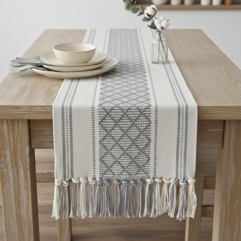 Dining Table Runner Olive Green & Cream White Cotton Woven Coffee Table Runner Washable Farmhouse Boho Dresser Scarf Console Table Cover Gray