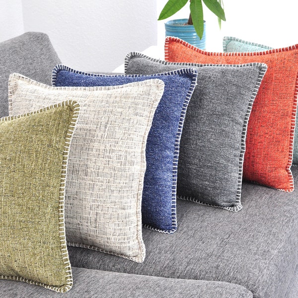 Textured Decorative Throw Pillow Covers Set of 2 Stitched Edge Soft Chenille Solid Cushion Covers Modern Farmhouse Pillowcases for Couch