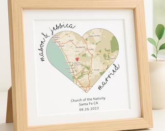Wedding Gift for Couple Engagement  Personalized Heart Map Frame Marriage Location Custom Anniversary Present Keepsake Proposal Place Sign.
