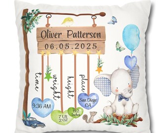 Geburtsdaten-Kissen fürs Kinderzimmer, personalisiertes Geburtsanzeigekissen mit individuellem Babynamen und -datum, Elefantenmotiv, Erinnerungsgeschenk für Neugeborene