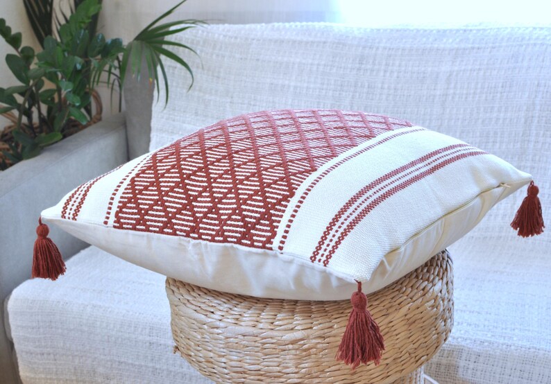 Woven Pillow Covers with Tassels Cotton Cushion Covers Decorative Designer PillowCase Modern Boho Home Decor Trendy Checkered Plaid Pattern image 15