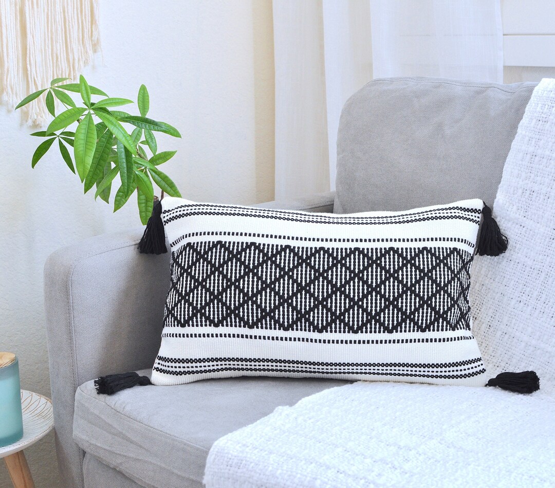 Boho Lumbar Pillow Cover With Tassels 12x20 Inch/cream&black Etsy