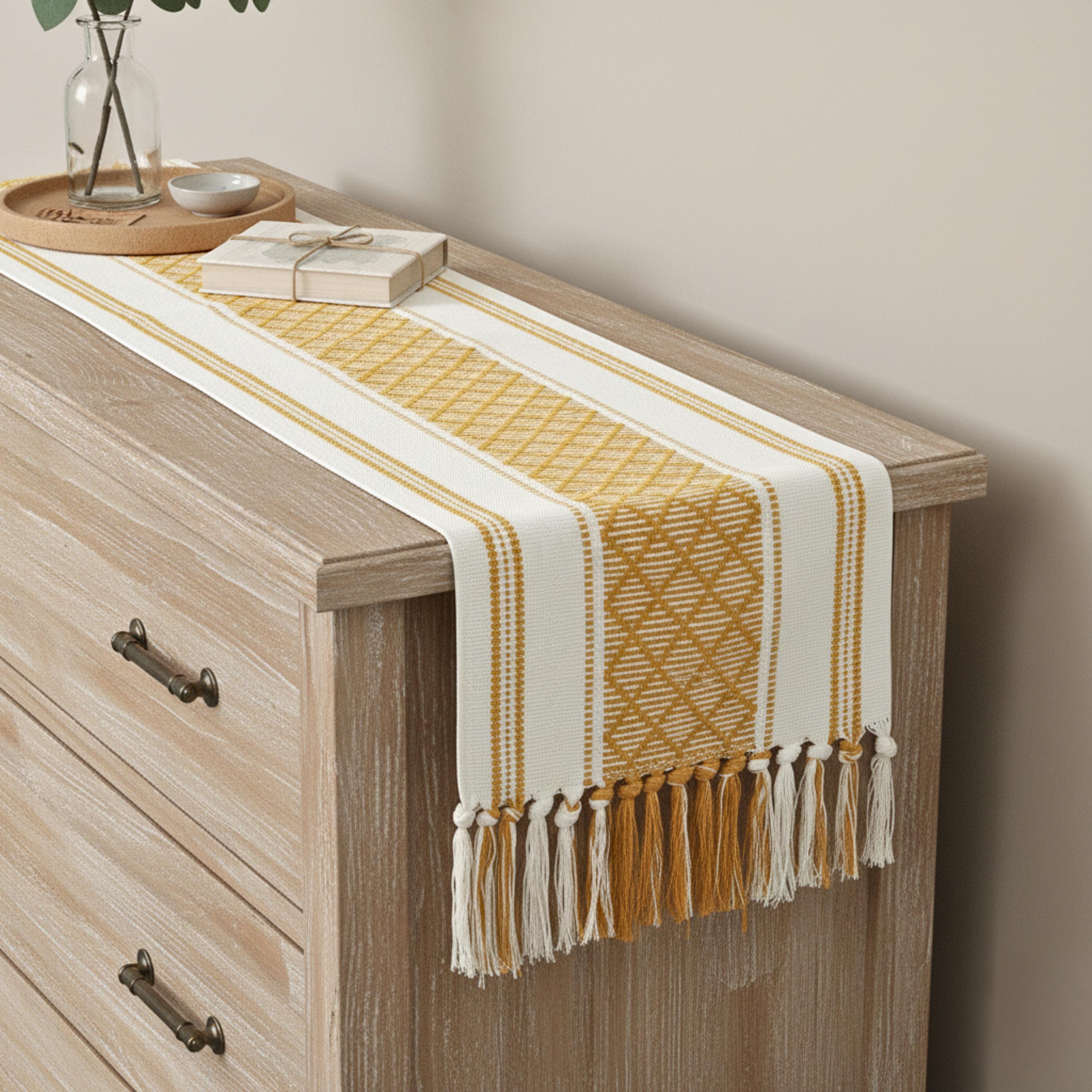Cotton Woven Table Runner With Tassels Mustard Yellow & off White