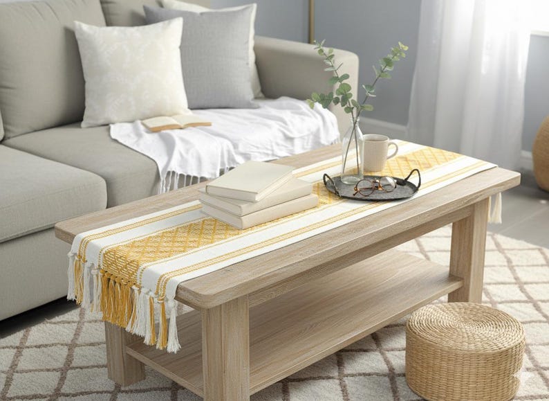 Dining Table Runner Olive Green & Cream White Cotton Woven Coffee Table Runner Washable Farmhouse Boho Dresser Scarf Console Table Cover image 19
