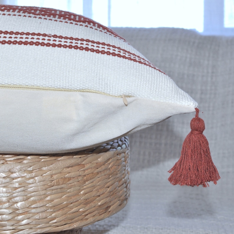 Boho Lumbar Pillow Cover with Tassels 12x20 inch / Cream/Rust Brown) |  Decorative Throw Cushion Cover | Cotton HandWoven Small Pillowcase