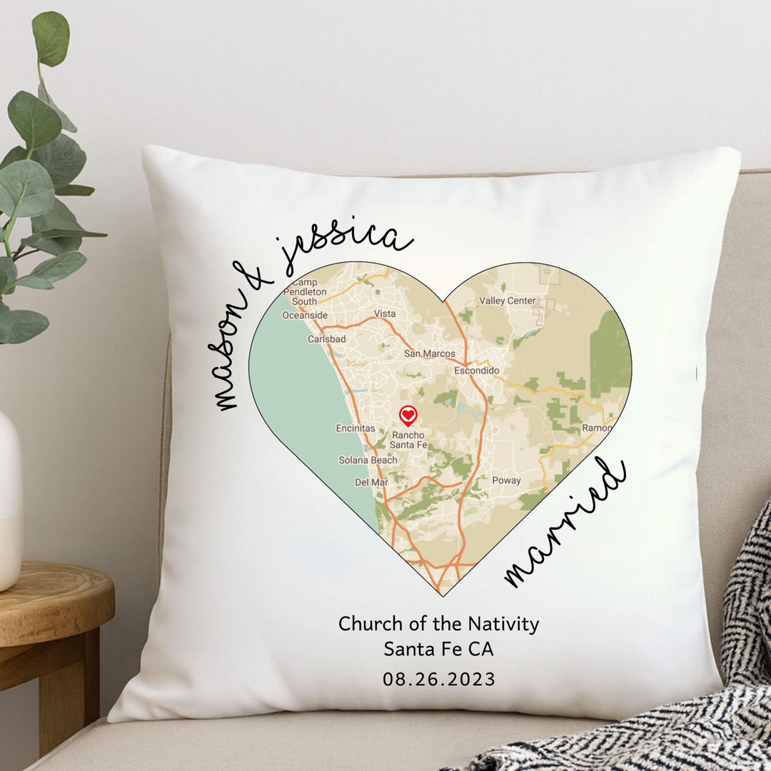 Personalized Wedding Gift Pillow with Custom Date & Map WeddingGift for Couple Anniversary Cushion Engagement Keepsake Bridal Shower Present - 16"x16"-Cover+Insert, Design Style 2