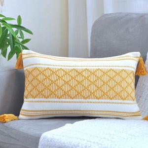 Poszewka na poduszkę lędźwiową w stylu boho z frędzlami, 12x20 cali, kremowo-musztardowa żółć | Dekoracyjna poszewka na krzesło, bawełniana, tkana poszewka na poduszkę na jesień