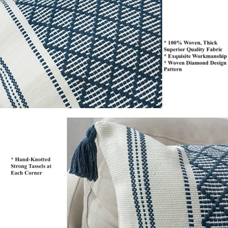 May include: Two throw pillows with a white background and blue diamond pattern. The pillows have hand-knotted tassels at each corner. The text on the image reads: "100% Woven, Thick Superior Quality Fabric, Exquisite Workmanship, Woven Diamond Design Pattern, Hand-Knotted Strong Tassels at Each Corner."