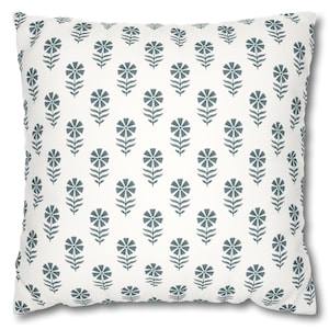 Block Print Inspired Floral Pillow – Botanical Design Accent Throw Cushion Bedroom Living Room Modern Farmhouse Style Rustic Home Decor