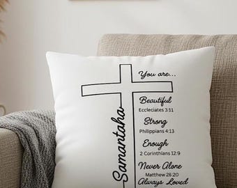 Almohada cristiana personalizada con cruz y versículos bíblicos. Regalo religioso inspirado en la fe para ella o para él. Regalo de graduación o de cumpleaños.