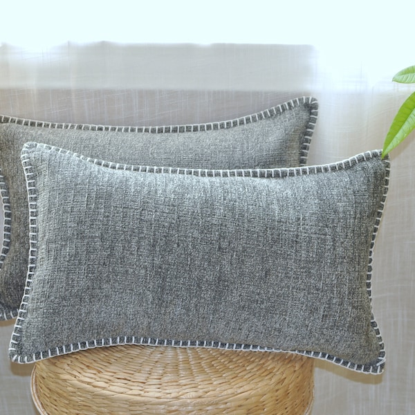 Textured Soft Lumbar Throw Pillow Cover 12x20 inches, Heather Grey / Trimmed Edges Soft Chenille Cushion Cover, Farmhouse Pillow Cover Gray