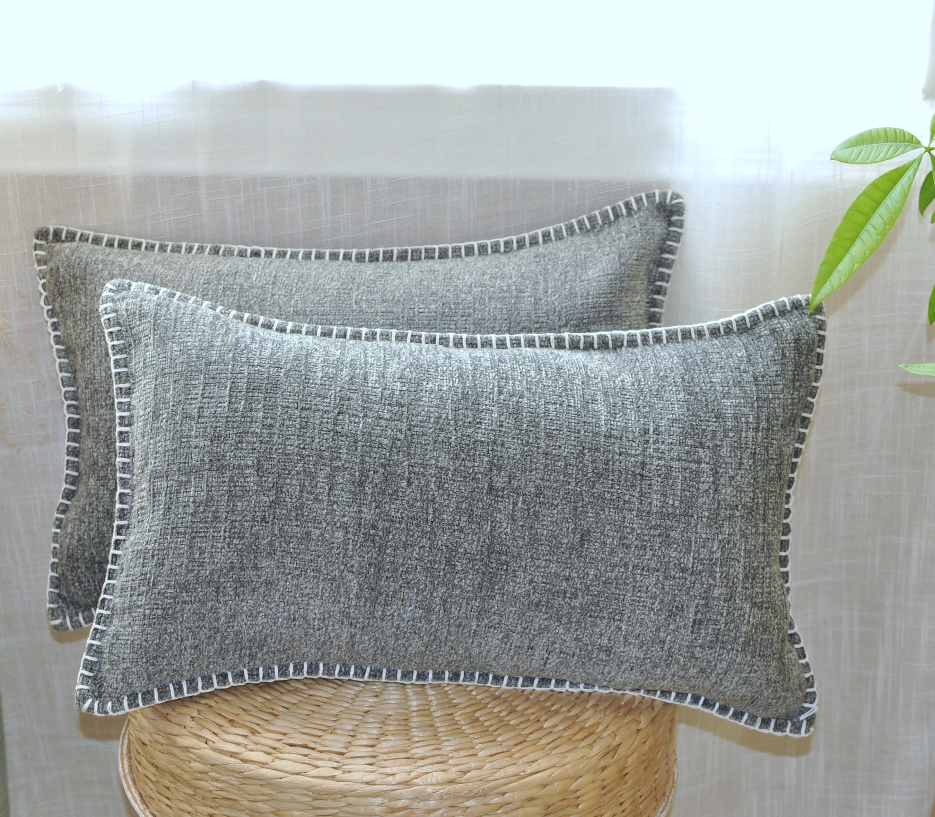 Textured Small Lumbar Pillow Covers 12 x 20 inch, Heather Grey Set of 2 / Stitched Edge Soft Chenille Cushion Covers/ Modern Farmhouse Pillow Cases