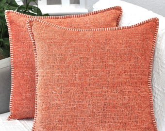 Textured Chenille Soft Pillow Covers Set of 2 Orange Trimmed Edge Cushion Covers Decorative Stitched Border Farmhouse  Fall Pillowcases