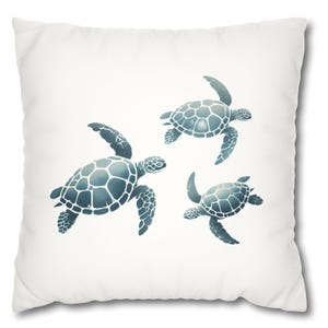 May include: Three blue watercolor sea turtles swimming on a white background. The turtles are facing different directions and are in various sizes.