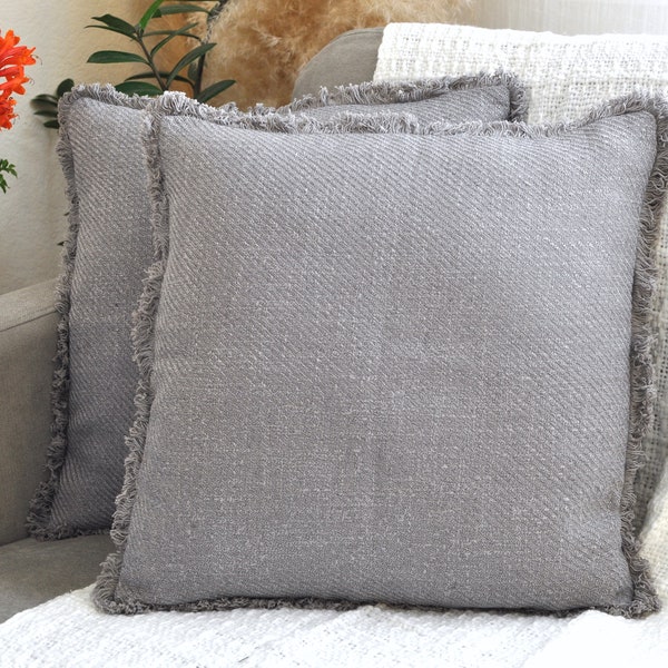 Pillow Covers with Fringe At Edges, Light Grey | Decorative Textured Throw Pillow Cases for Couch/ Modern Cushion Cover with Frayed Edge