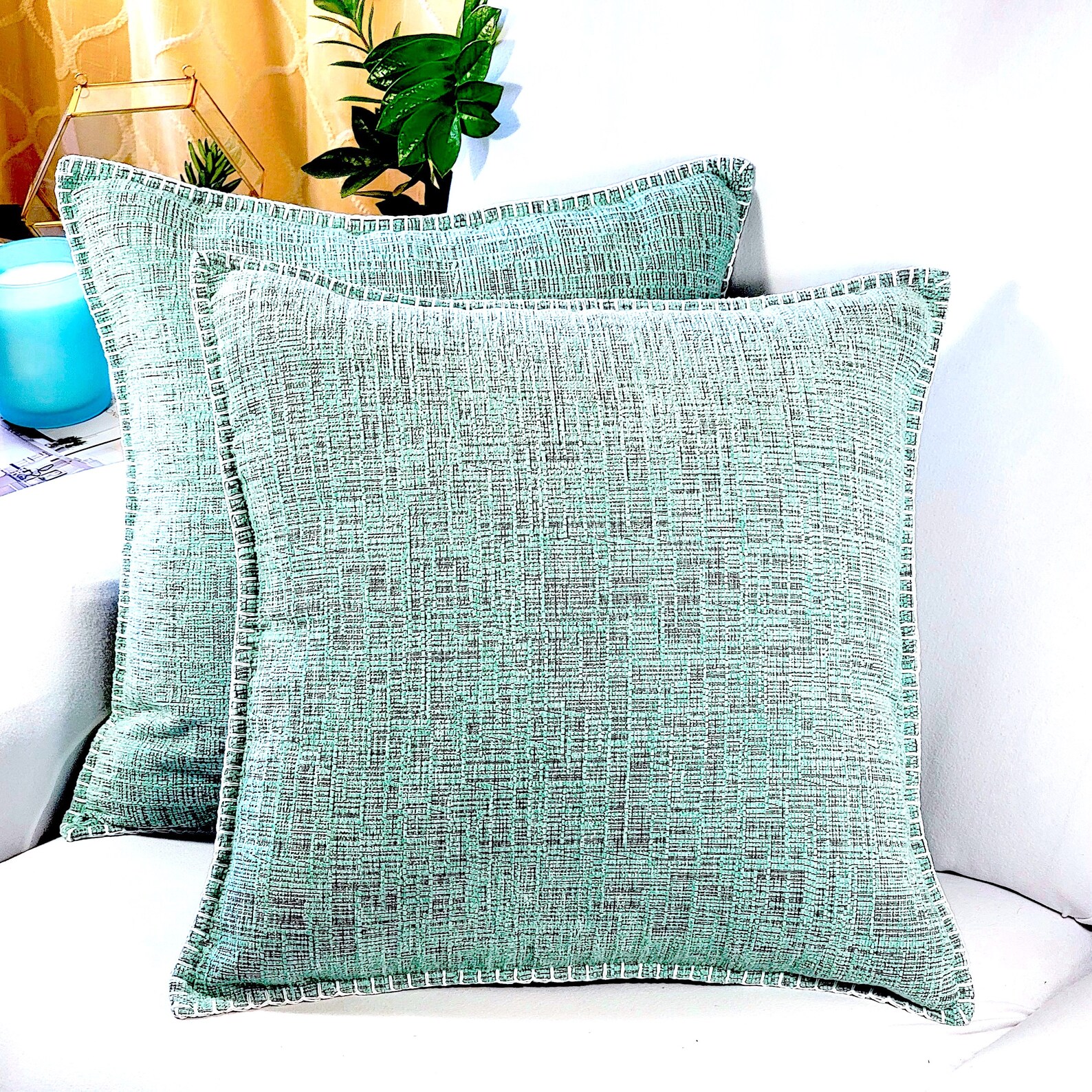 Textured Throw Pillow Covers Set of 2 Color Heather Teal Etsy