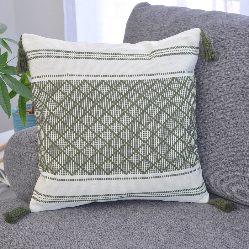 May include: A white and green patterned throw pillow with tassels on the corners. The pillow has a diamond pattern in green on a white background.