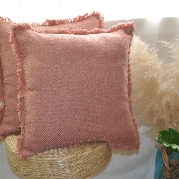 Fringe Throw Pillow Covers, Dusty Rose Color | Decorative Textured PillowCases for Couch/ Modern Cushion Cover with Frayed Edge