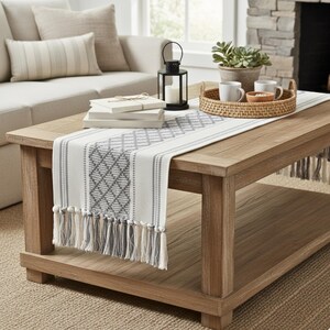 Dining Table Runner Olive Green & Cream White Cotton Woven Coffee Table Runner Washable Farmhouse Boho Dresser Scarf Console Table Cover image 11