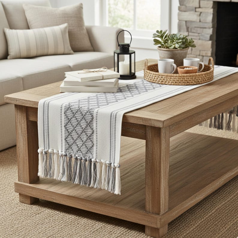 Dining Table Runner Olive Green & Cream White Cotton Woven Coffee Table Runner Washable Farmhouse Boho Dresser Scarf Console Table Cover image 11