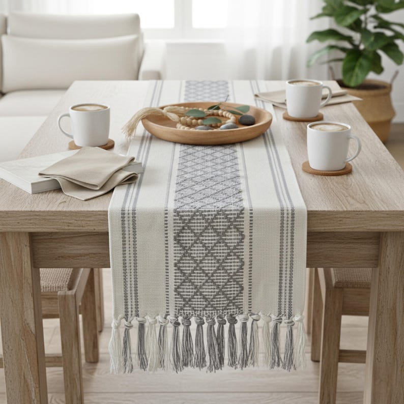 Dining Table Runner Olive Green & Cream White Cotton Woven Coffee Table Runner Washable Farmhouse Boho Dresser Scarf Console Table Cover image 10