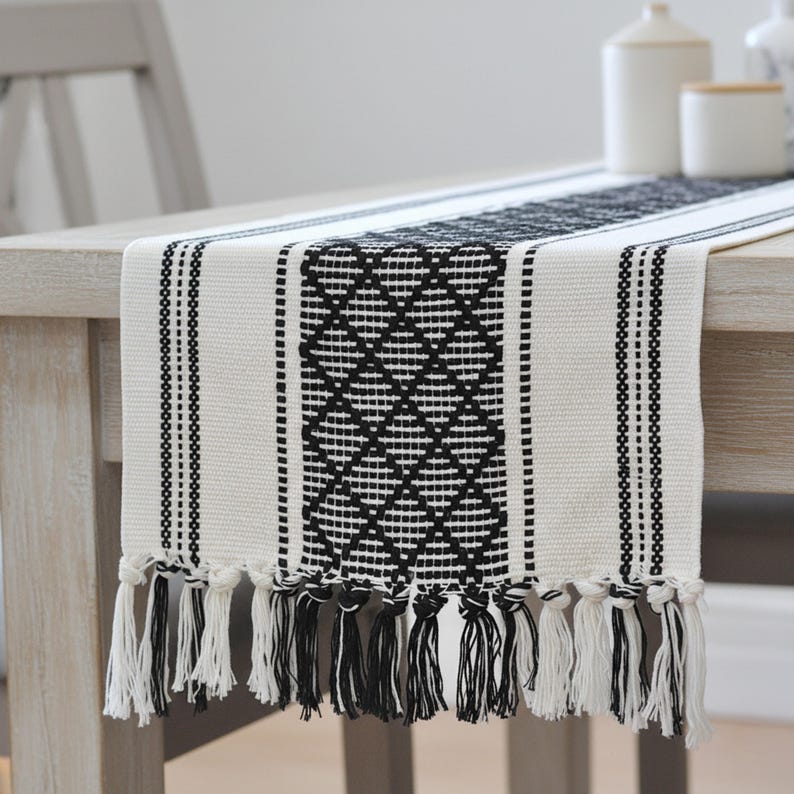 Dining Table Runner Olive Green & Cream White Cotton Woven Coffee Table Runner Washable Farmhouse Boho Dresser Scarf Console Table Cover Black