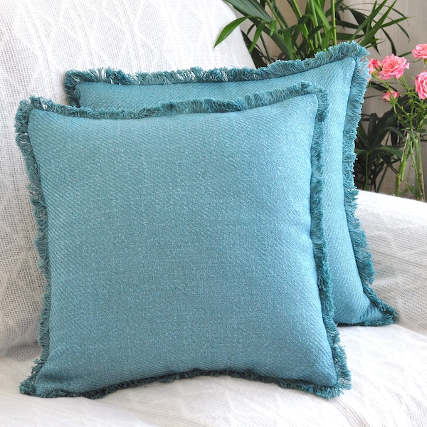 Teal Pillow Covers with Fringe Teal Green | Decorative Textured Throw Pillow Cases Cushion Cover with Frayed Edge Modern Luxury Style