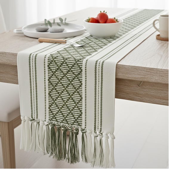 Dining Table Runner Olive Green & Cream White Cotton Woven Coffee Table Runner Washable Farmhouse Boho Dresser Scarf Console Table Cover