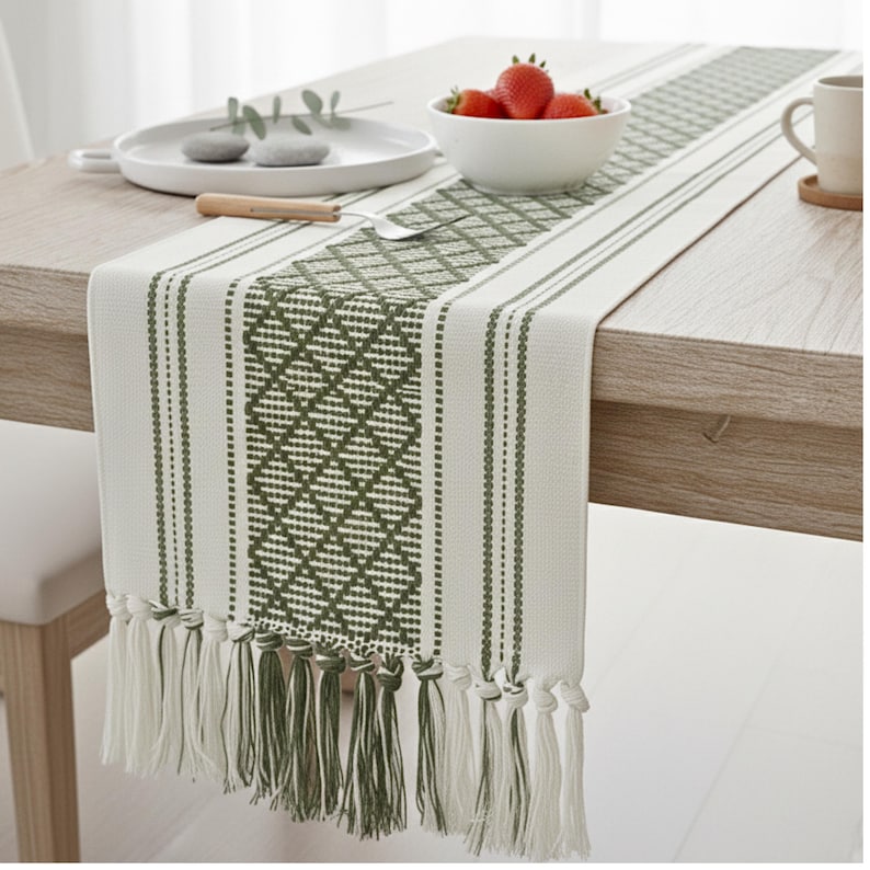 Dining Table Runner Olive Green & Cream White Cotton Woven Coffee Table Runner Washable Farmhouse Boho Dresser Scarf Console Table Cover Green