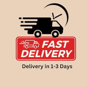May include: A black delivery truck with speed lines and a clock graphic above a red rectangle with the words "FAST DELIVERY" in white. Below, the text reads "Delivery in 1-3 Days". The background is a light tan color.