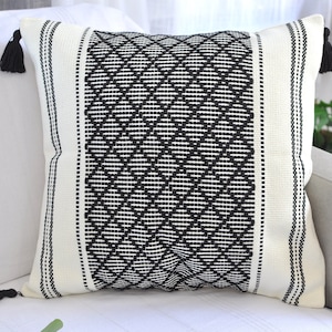 Boho Throw Pillow Cover withTassels Cream/Black Decorative PillowCase  Cotton Woven Cushion Cover for Living Room Couch or Chair