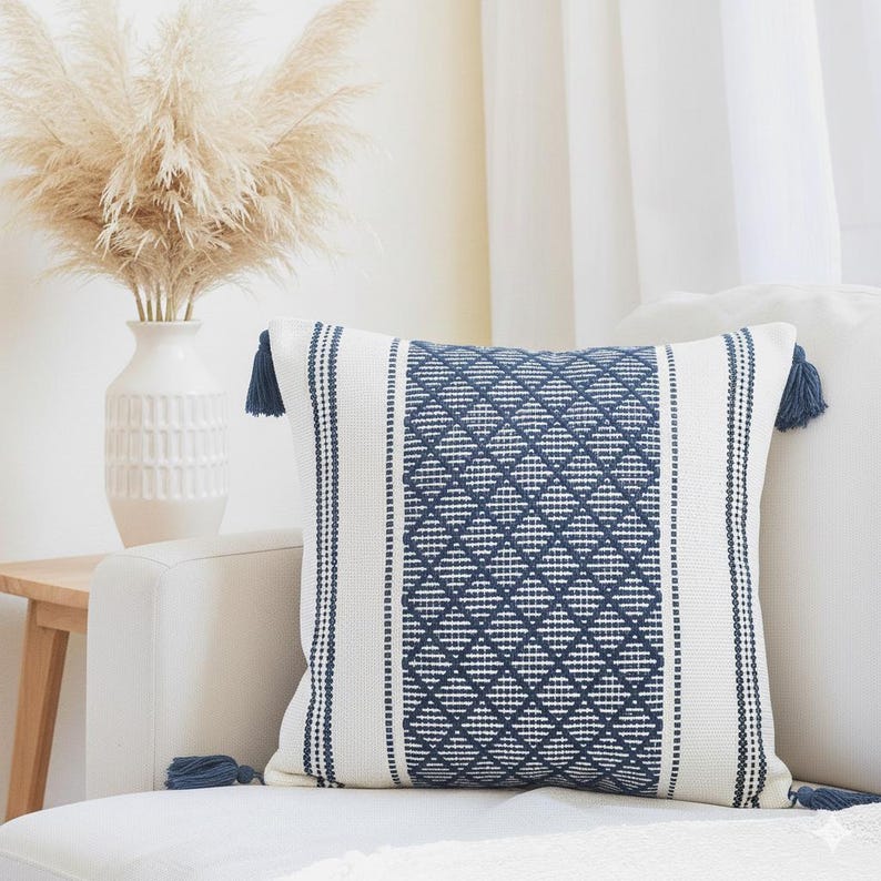 Woven Pillow Covers with Tassels Cotton Cushion Covers Decorative Designer PillowCase Modern Boho Home Decor Trendy Checkered Plaid Pattern image 17