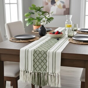 Dining Table Runner Olive Green & Cream White Cotton Woven Coffee Table Runner Washable Farmhouse Boho Dresser Scarf Console Table Cover image 7
